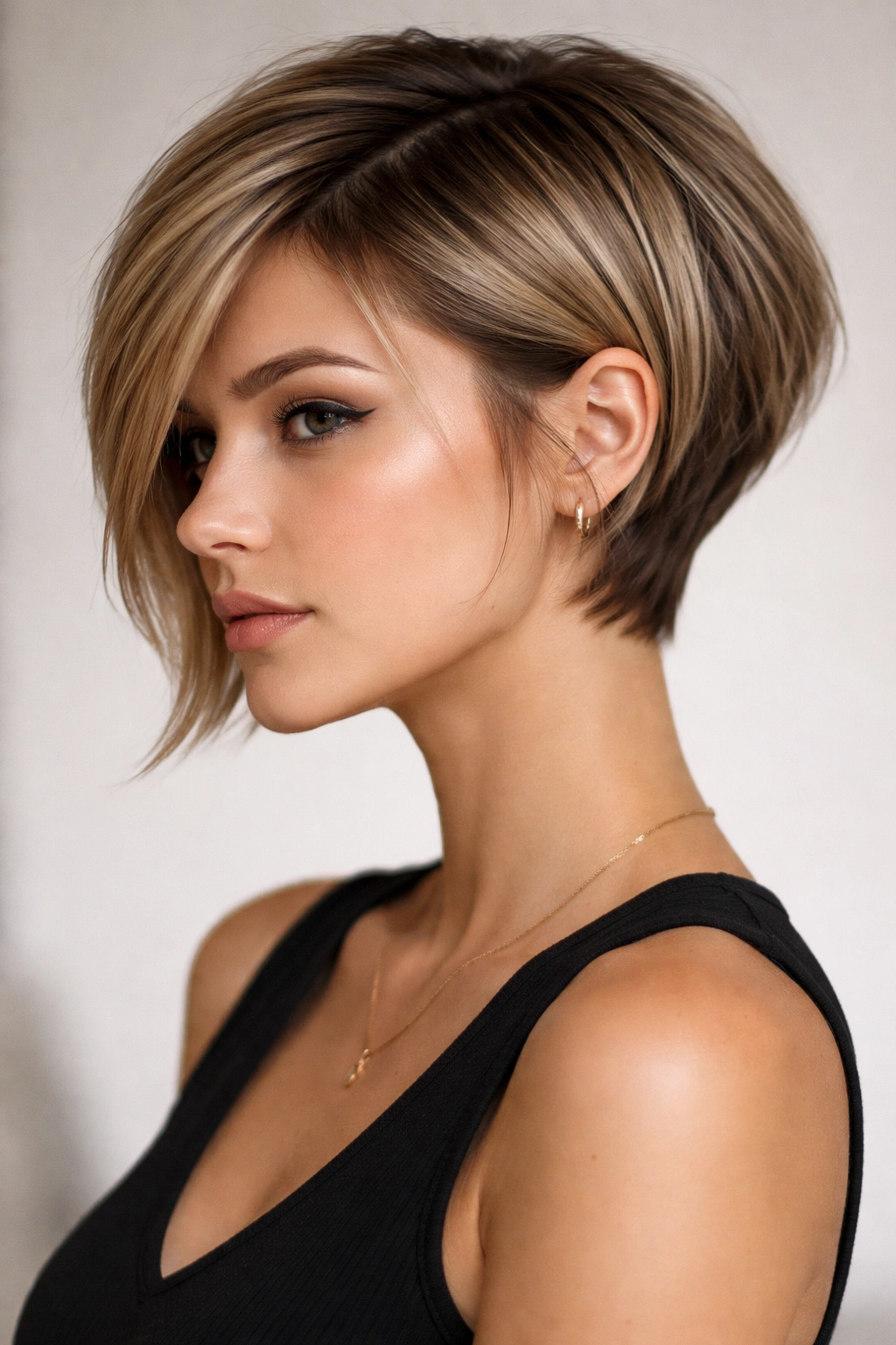 Angled pixie bob with longer front pieces forming a face-lengthening silhouette in studio portrait