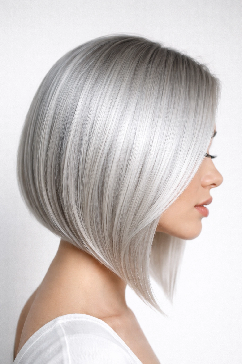 Angled silver lob with sleek finish in a minimalist studio setting