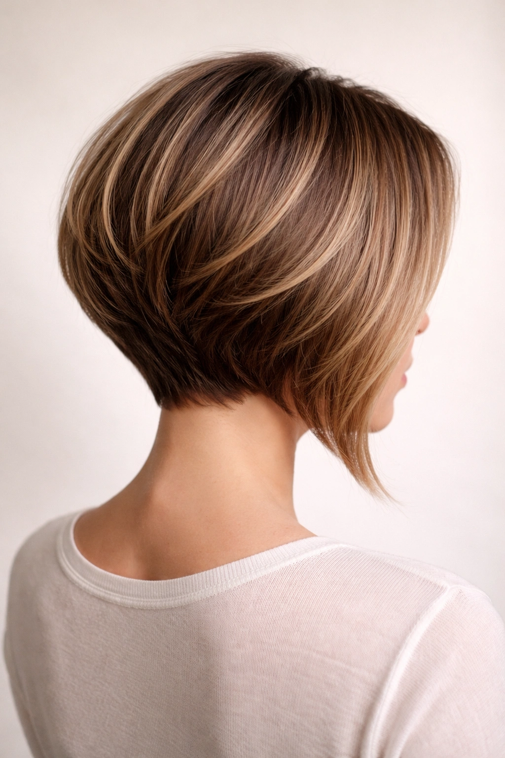 Back view of angled stacked bob with longer front pieces showing diagonal silhouette.