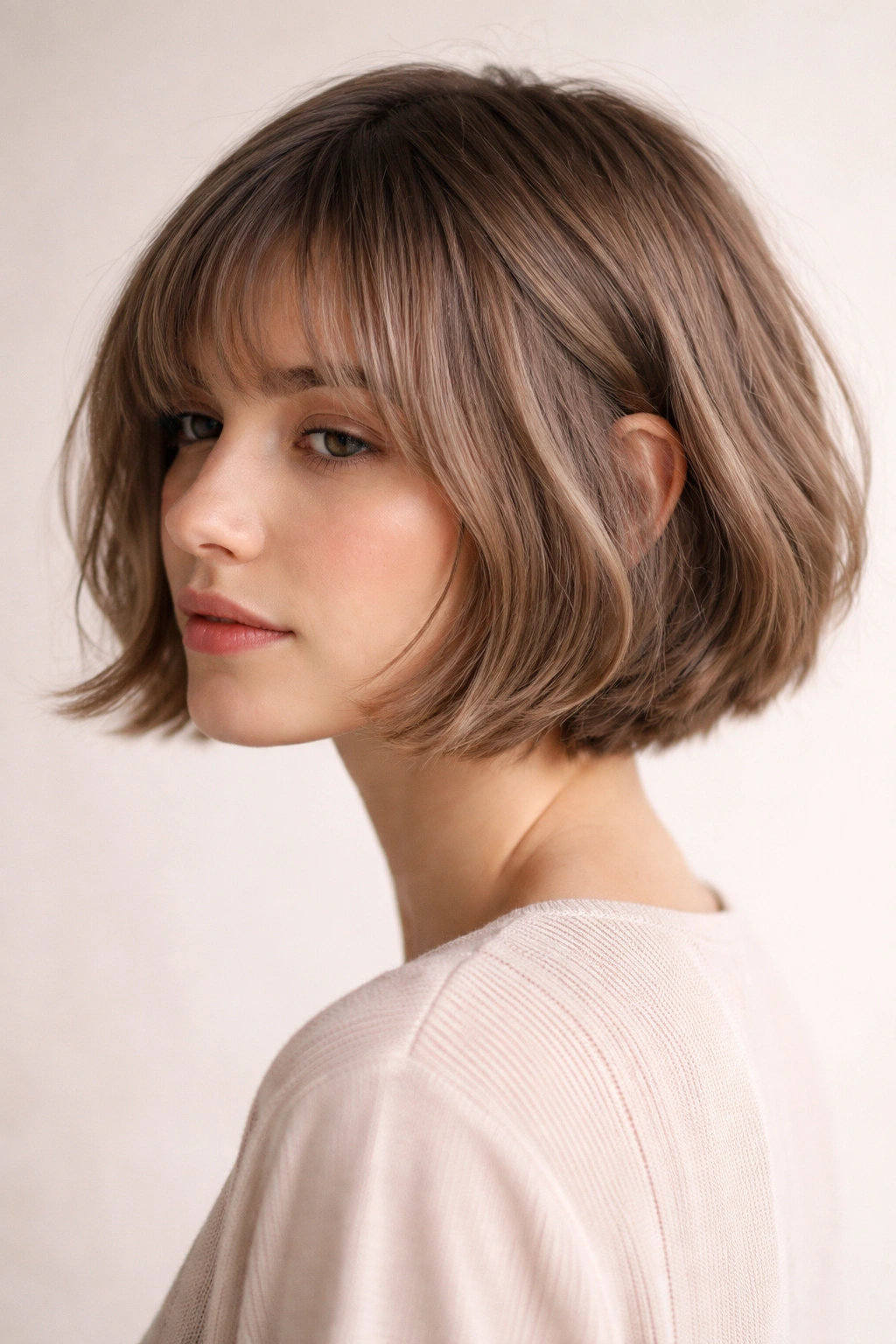 Chin-length French bob with ash beige ribbons and front highlights