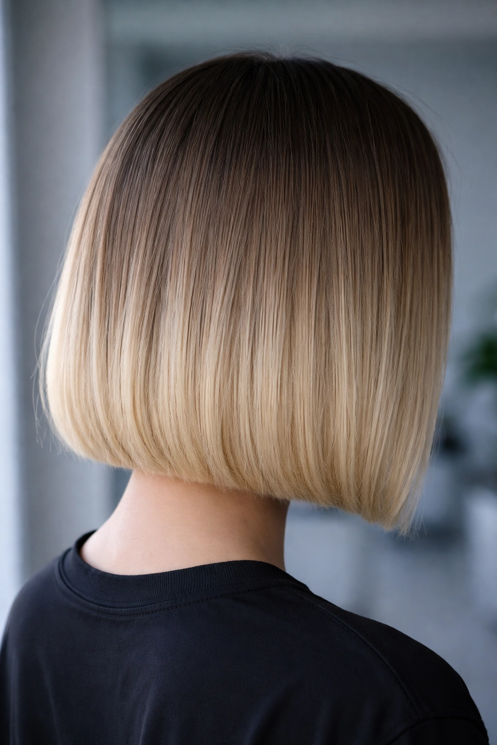 Blunt bob with ash brown to beige blonde ombre and crisp transition