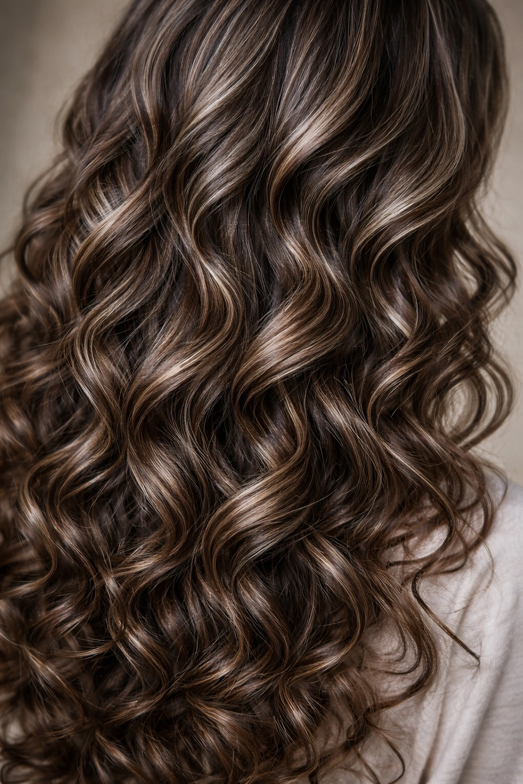 Close-up curly hair ash brown with cool veils