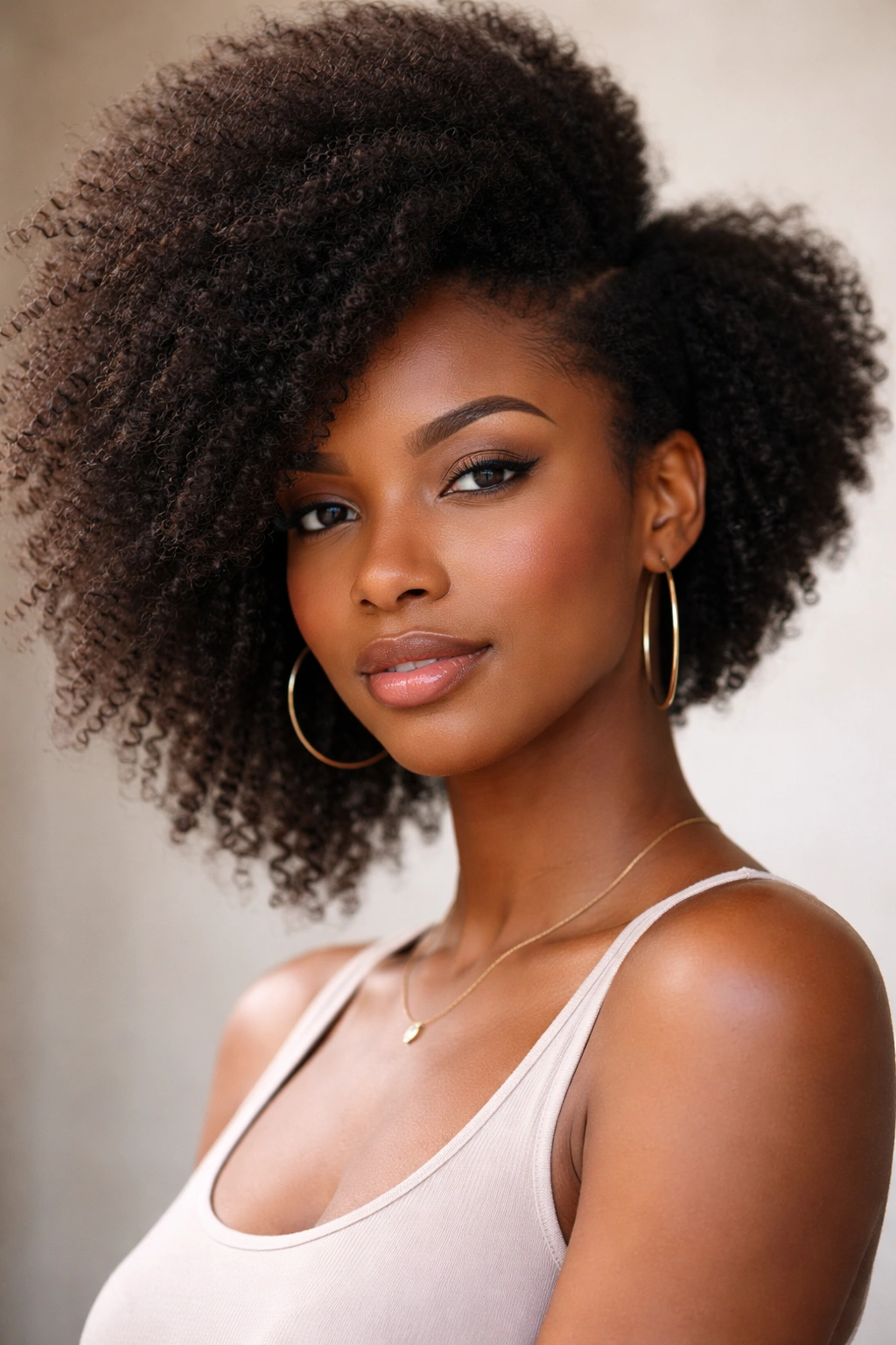 Asymmetrical afro showing one longer side for deliberate movement