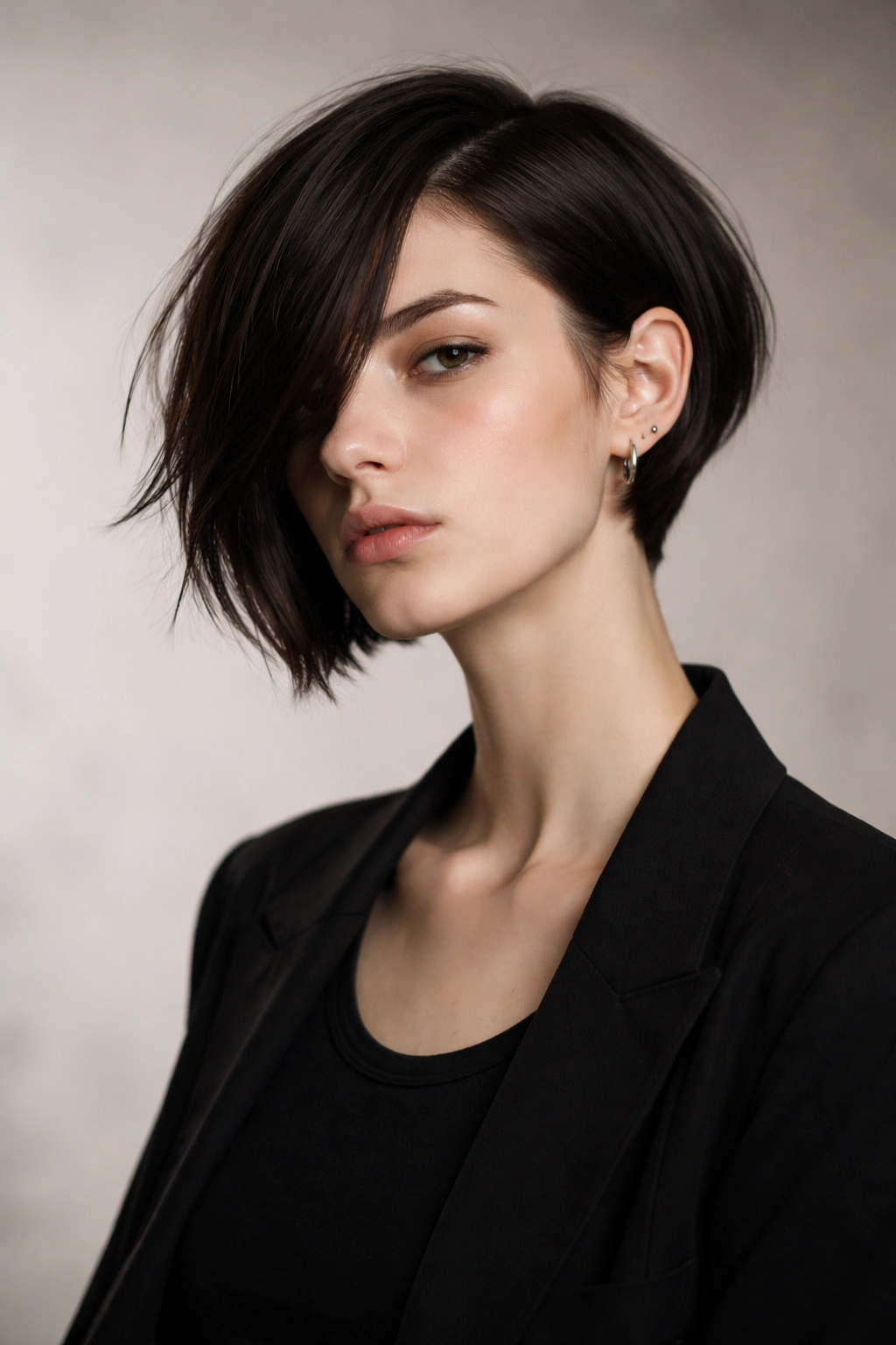Model wearing an asymmetrical bob with differing lengths on each side