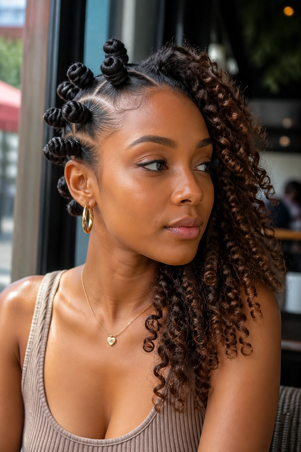 Portrait of a real woman with asymmetrical knots on one side and curls on the other, balanced lighting