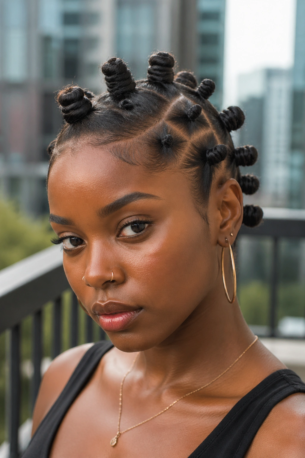 Close-up of asymmetrical Bantu knots leaning to one side