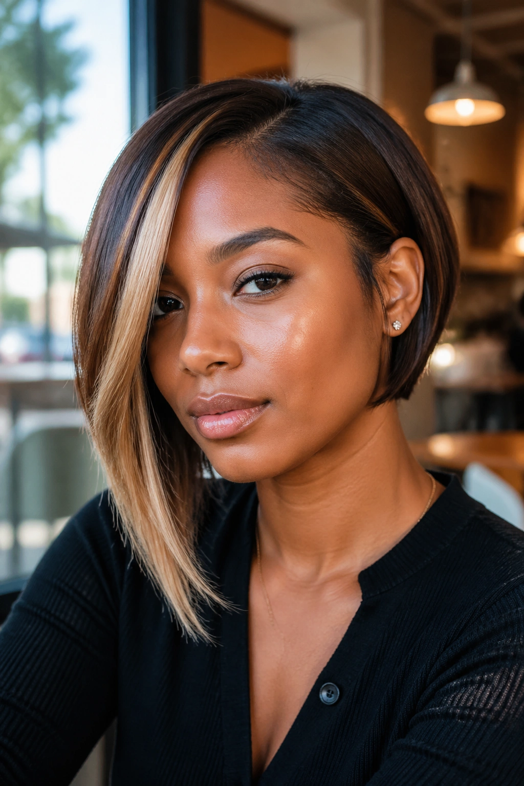 Close-up of a real woman with asymmetrical bob and blonde money piece