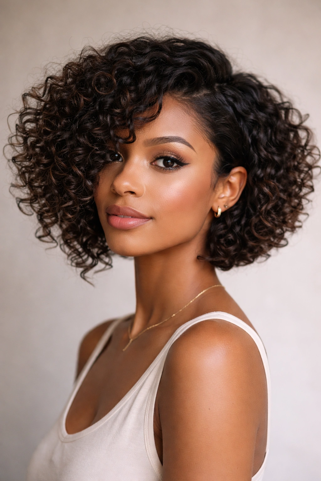 Asymmetrical bob showcasing a subtle length difference and curled movement