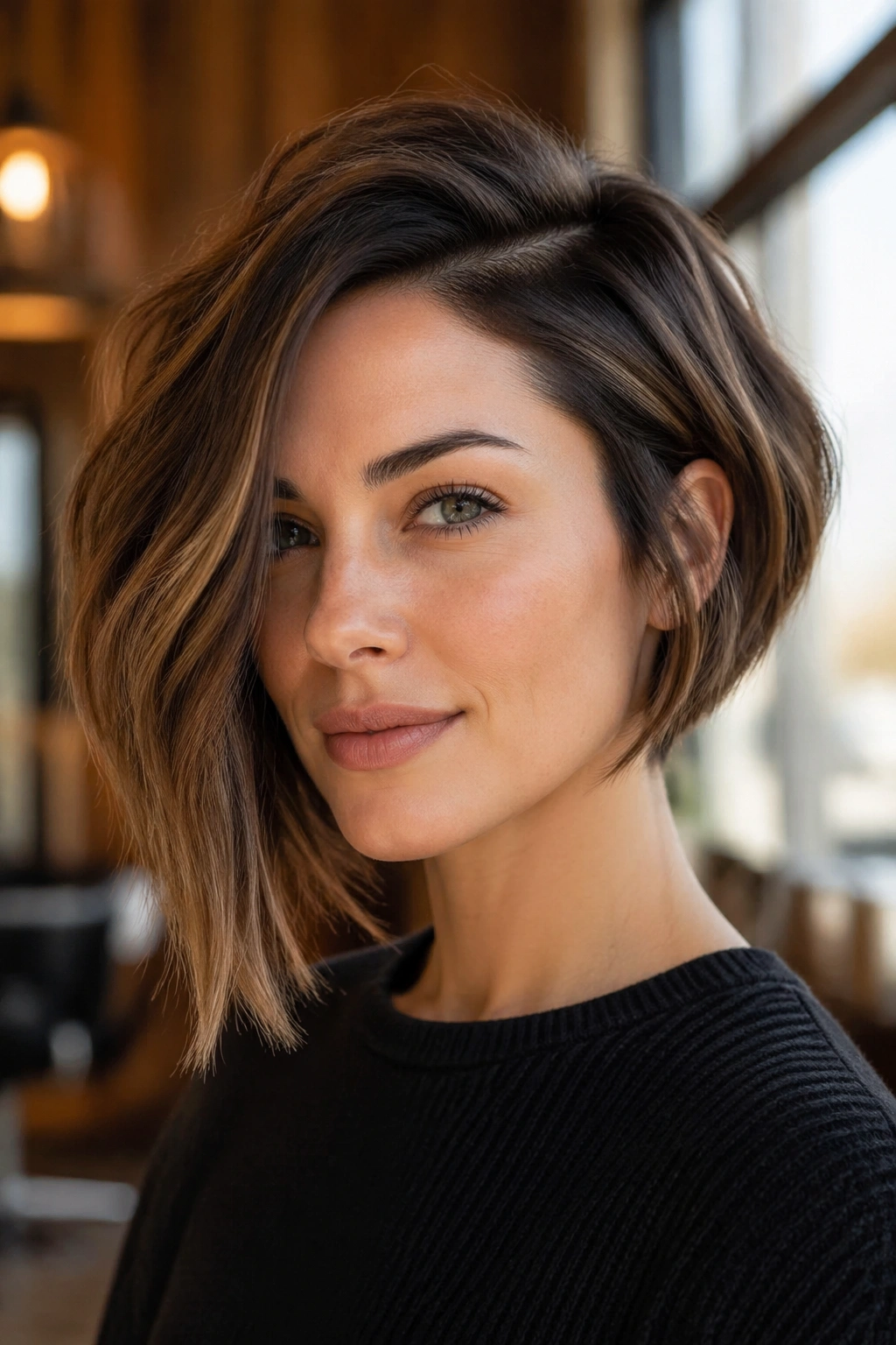 Close-up portrait of a real woman with an asymmetrical bob featuring a deep side part