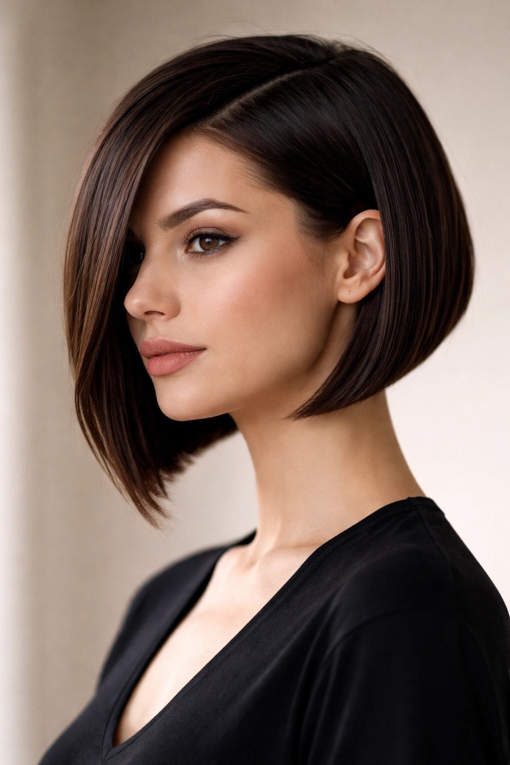 Asymmetrical bob with a sharp diagonal line on straight hair