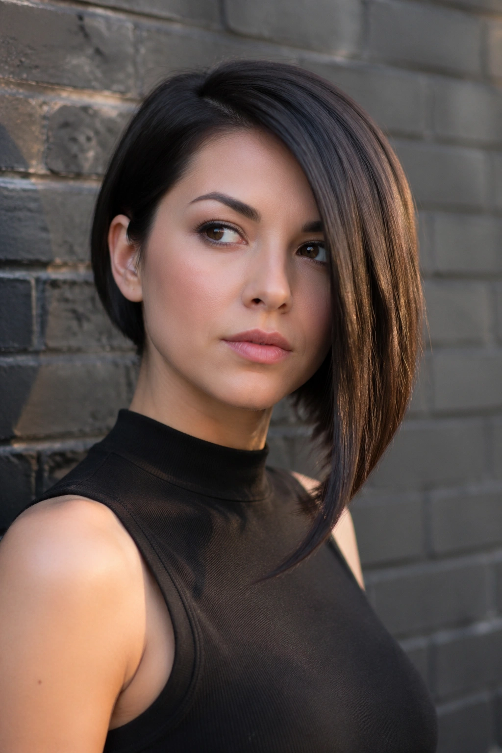 Close-up of a real woman with a one-sided asymmetrical bob showing dramatic diagonal line