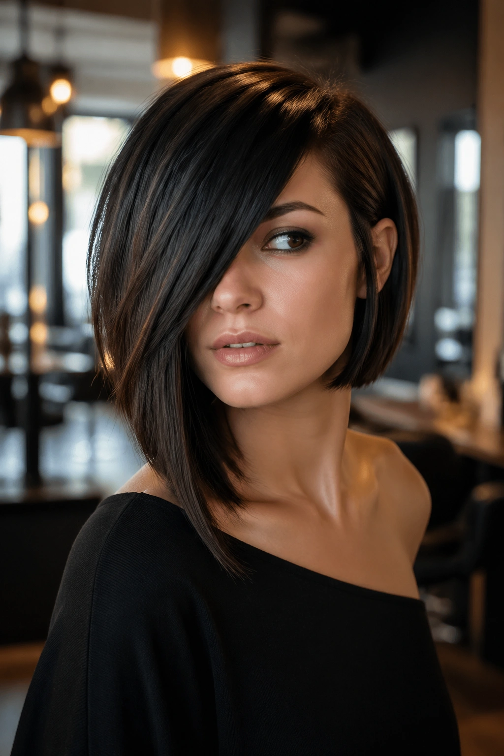 Close-up portrait of a real woman with a heavy side bang asymmetrical bob in a moody salon.