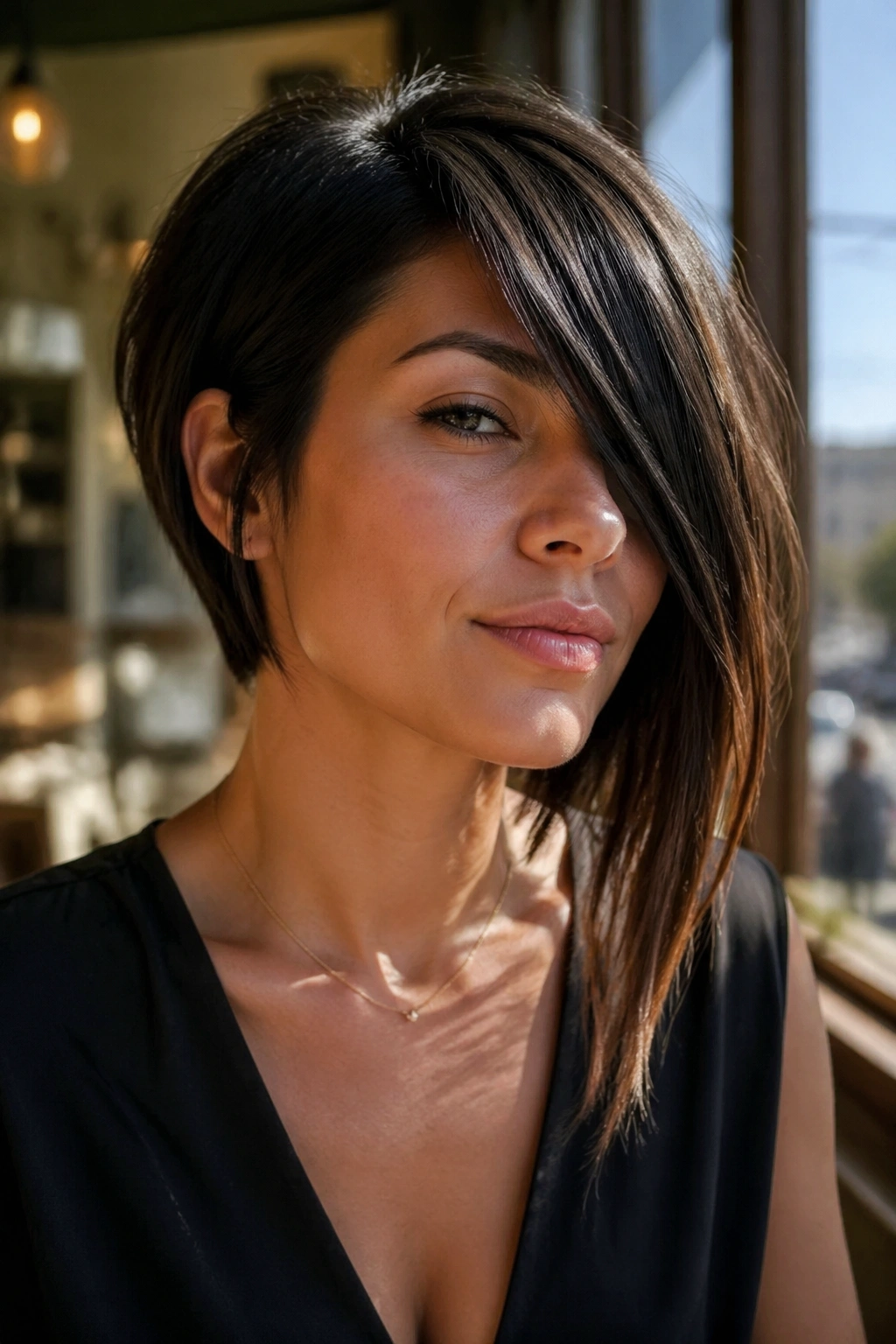 Close-up of a person with an asymmetrical bob and long fringe in a cafe setting