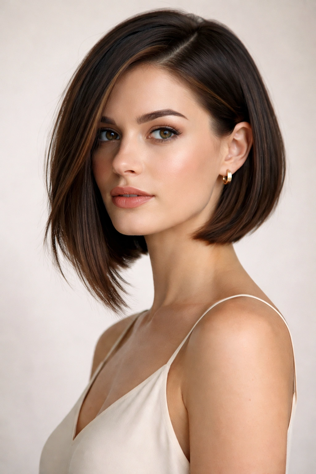 Asymmetrical bob with longer front side shown in three-quarter view