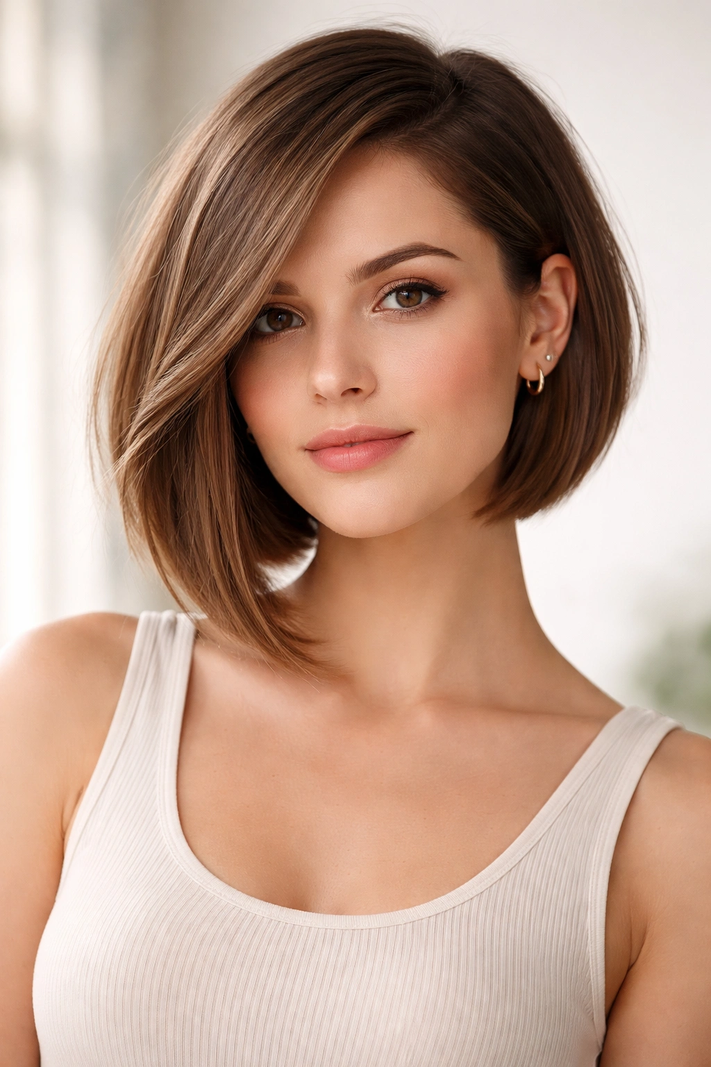 Asymmetrical bob with a longer side creating vertical length on a round face.