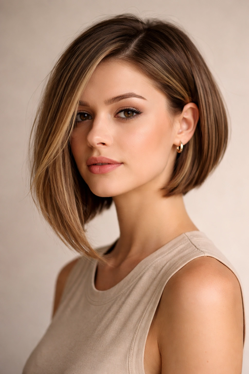 Close-up of an asymmetrical bob with one longer side, showing the diagonal length difference in studio lighting