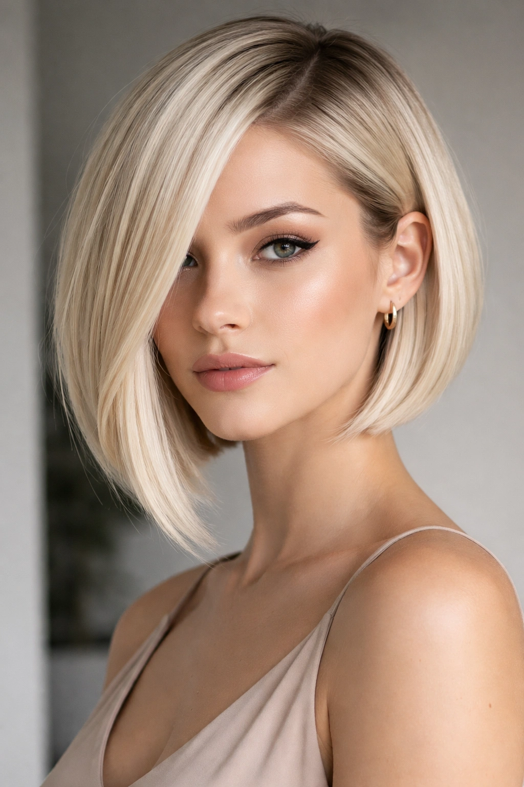 Asymmetrical bob cut with platinum blonde color showing sharp angles