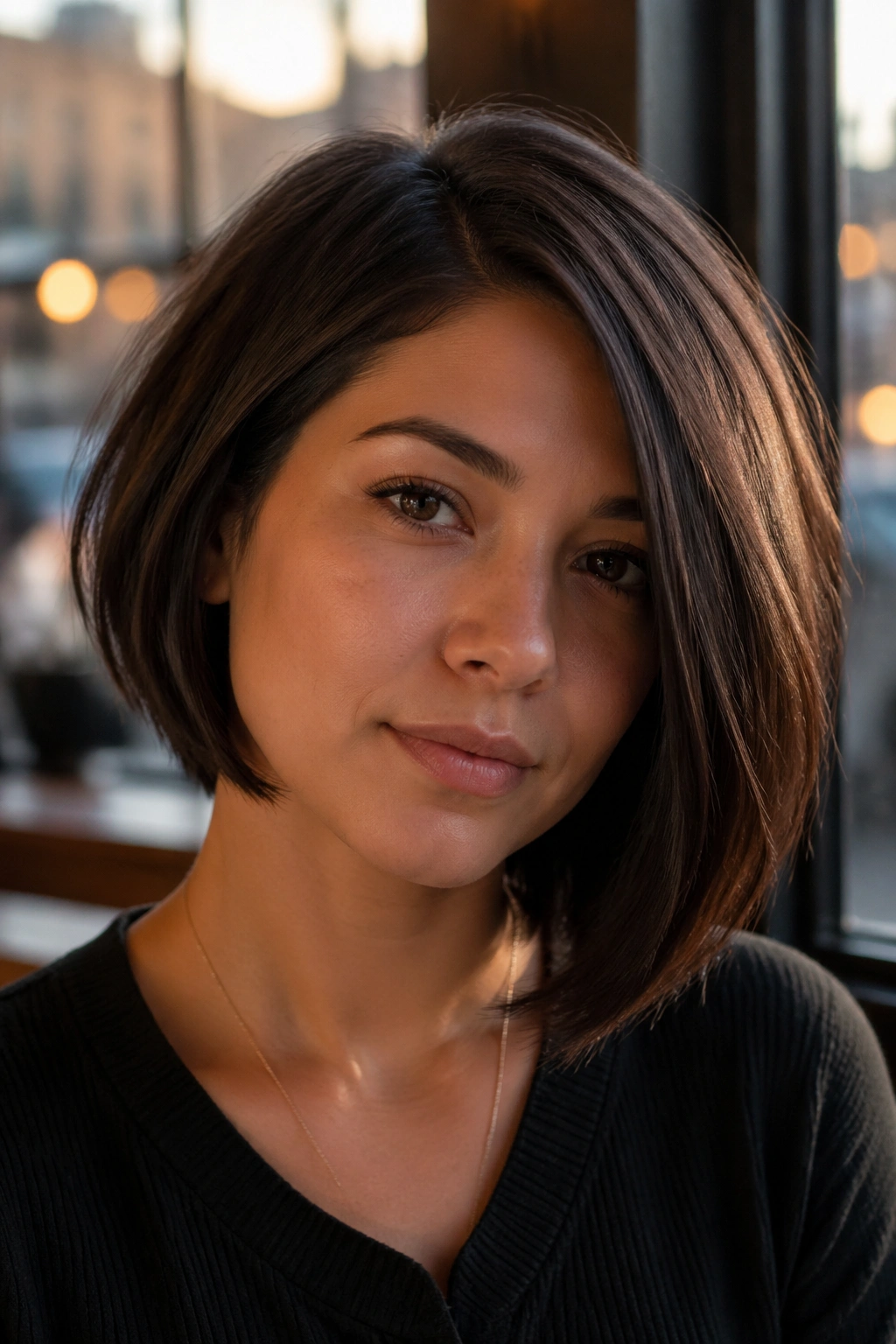 Real woman with a subtle asymmetrical bob, one side longer, in a cafe setting
