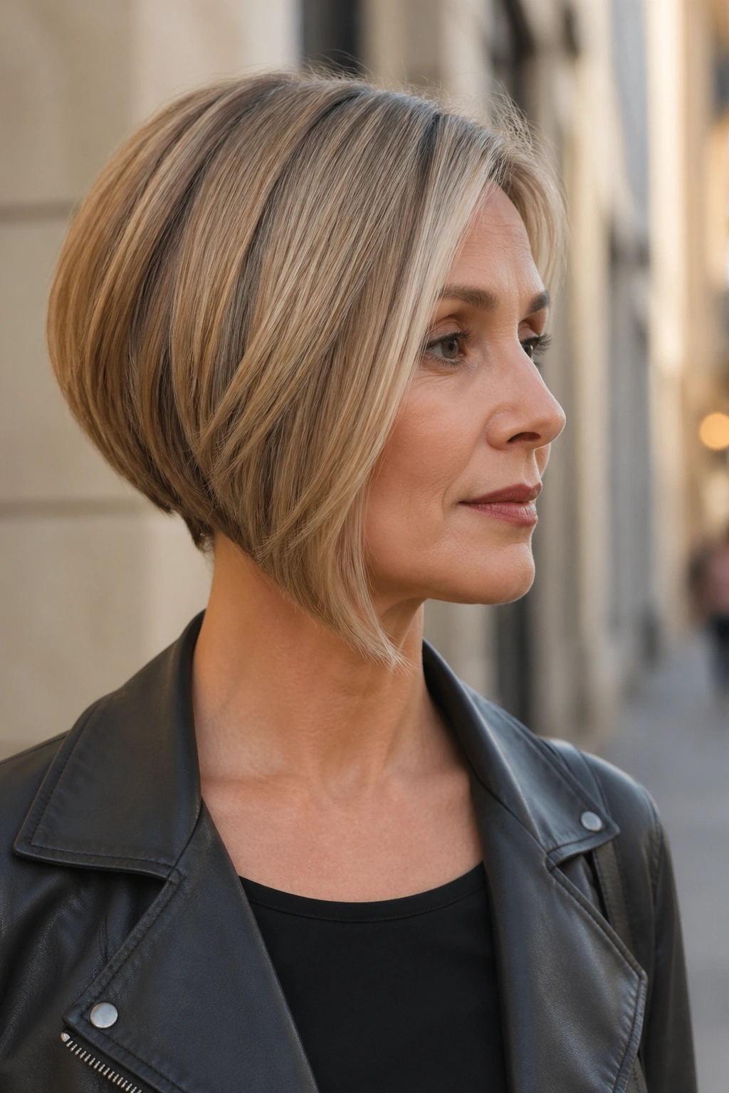Real woman with subtle asymmetrical bob in profile on an urban street