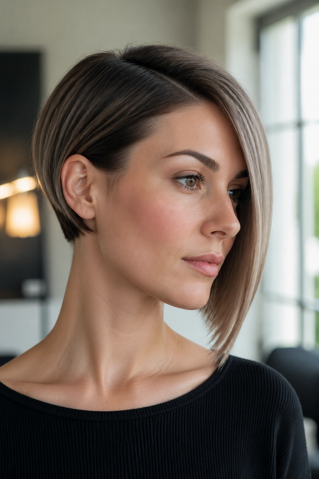 Close-up portrait of a real woman with a razor-clean asymmetrical bob in a modern interior