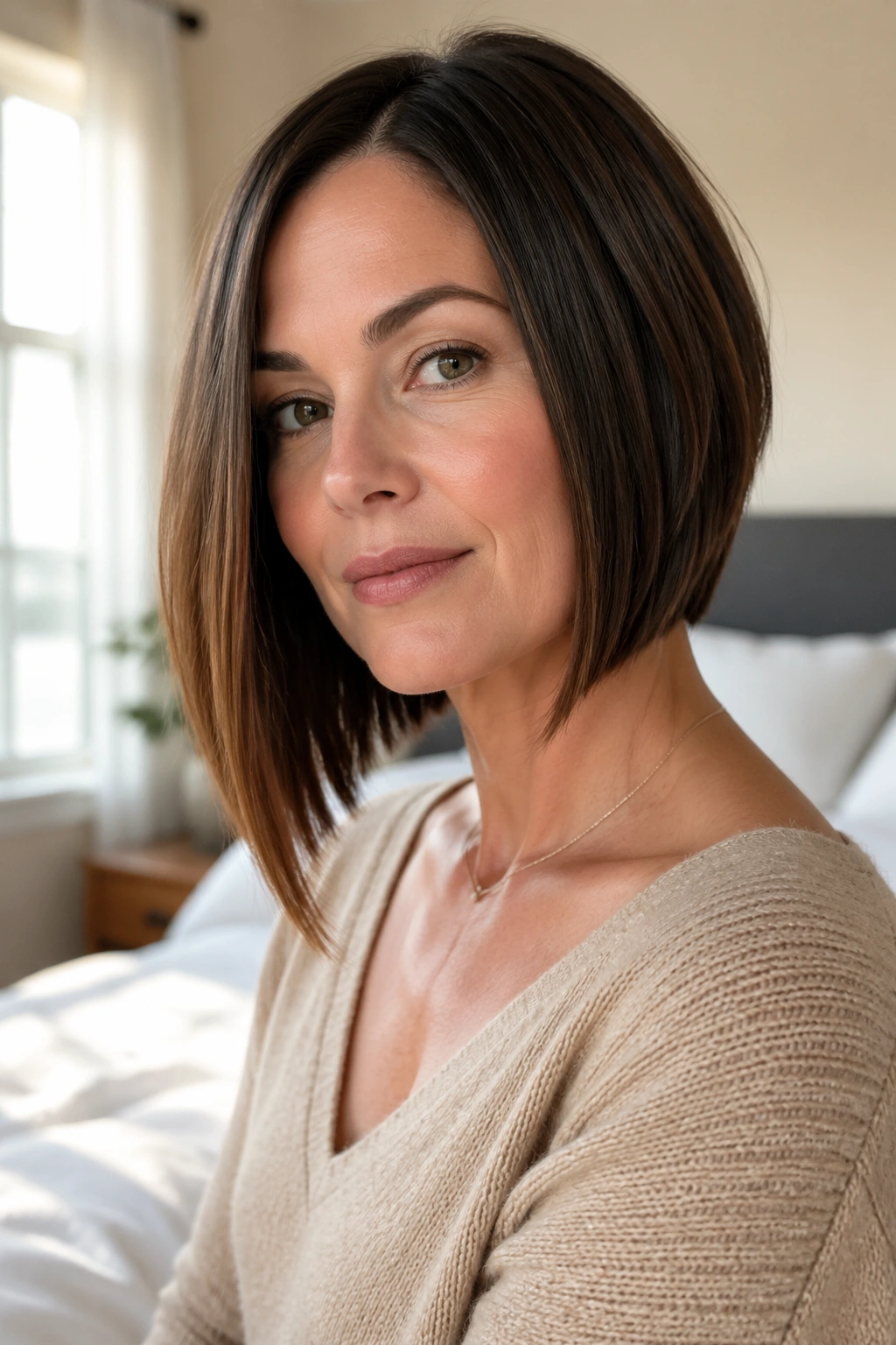 Close-up portrait of a real woman with a subtle asymmetrical bob in sunlit bedroom