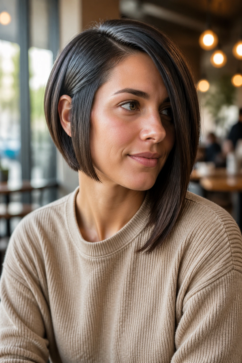 Real woman with asymmetrical bob, one side longer, close-up portrait