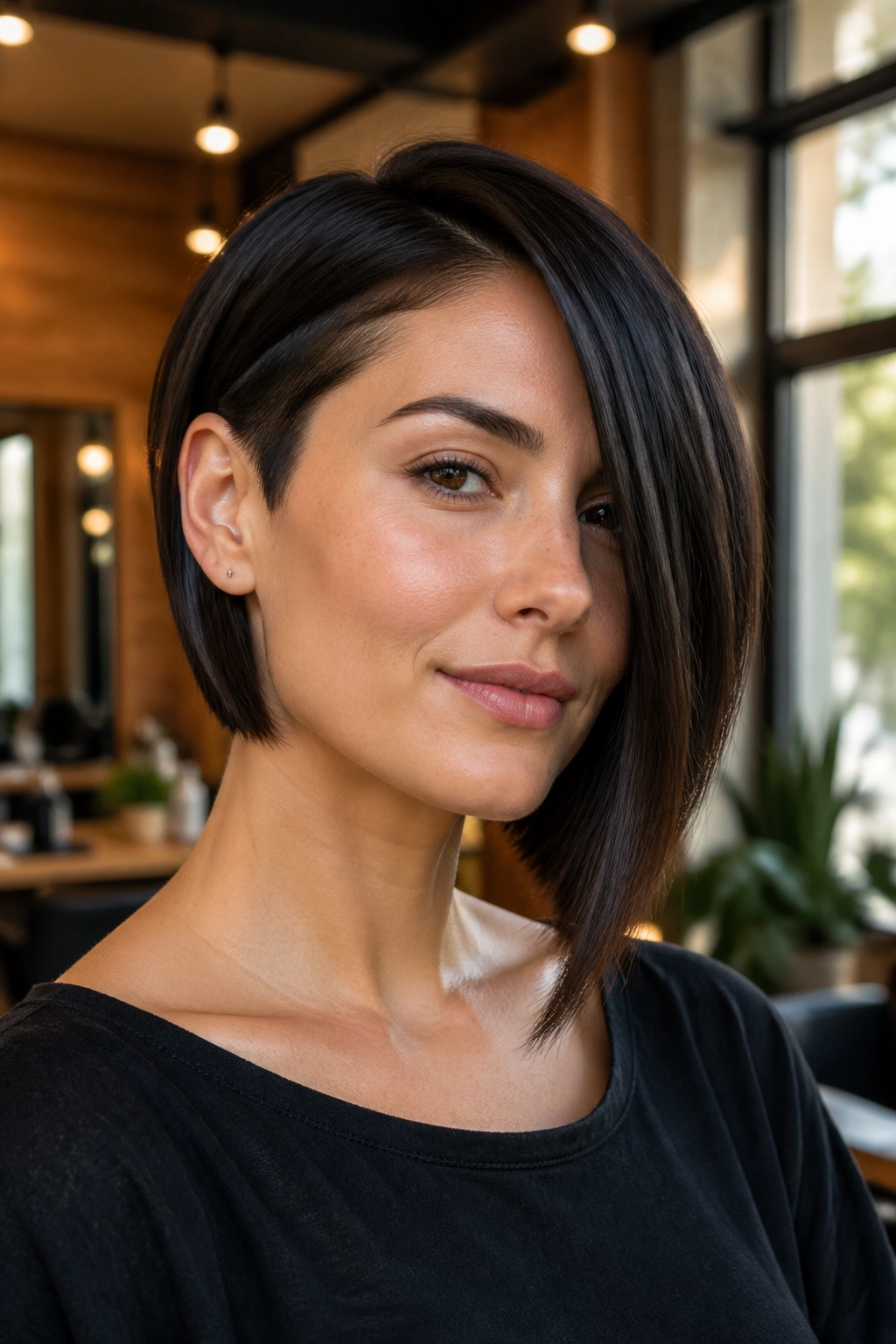 Close-up of a real woman with an asymmetrical bob showing a ¾ inch side-length drop