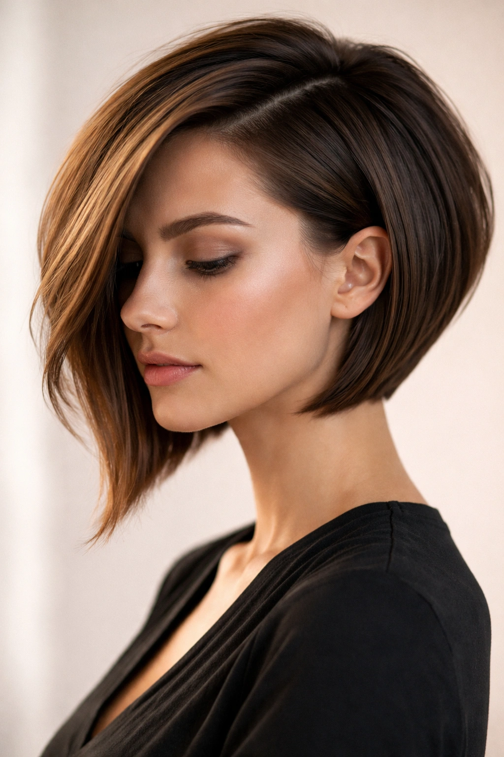 Asymmetrical bob with side volume and longer front piece, studio portrait