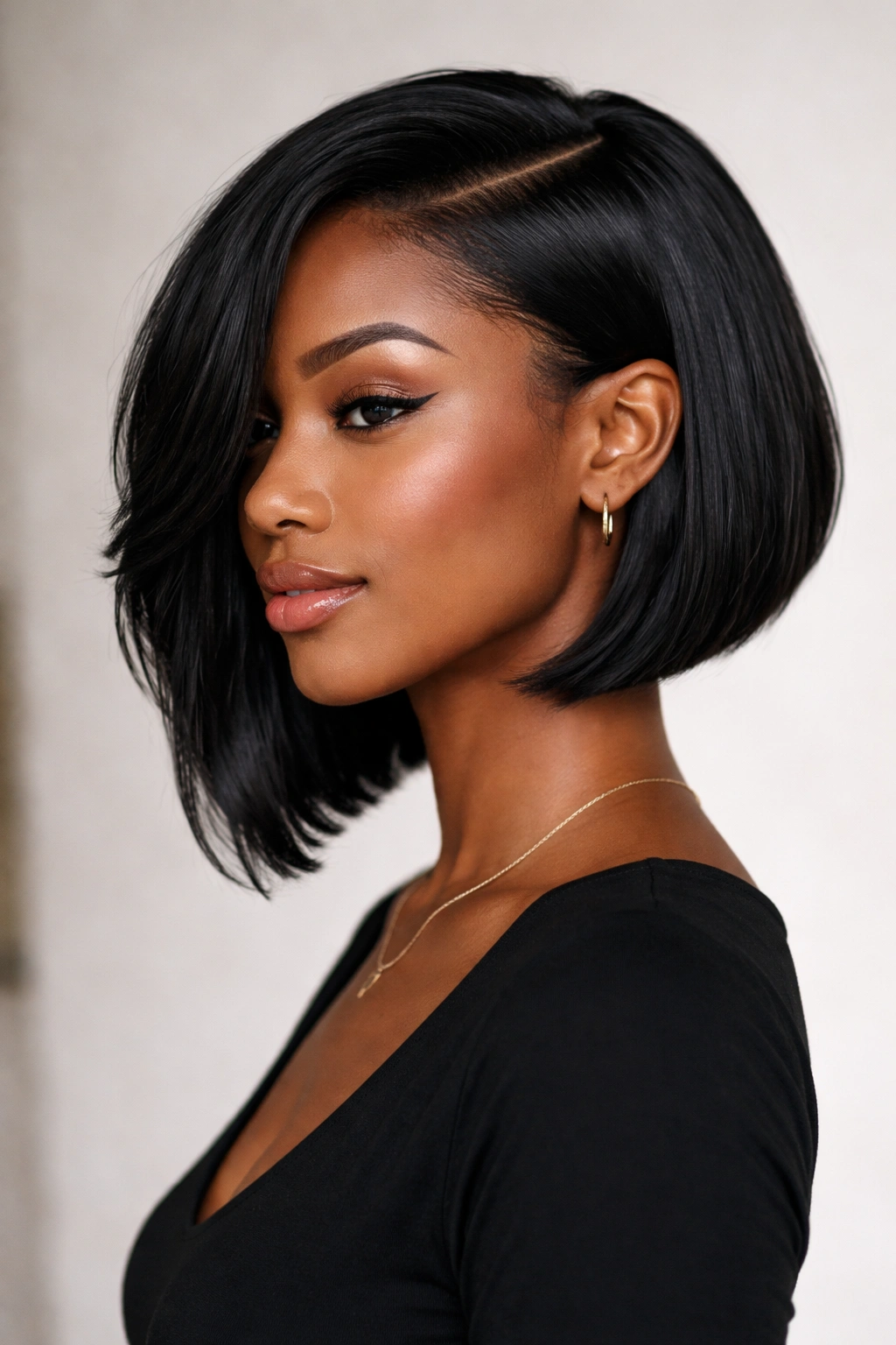 Profile of a Black woman with subtle asymmetrical bob showing one side longer