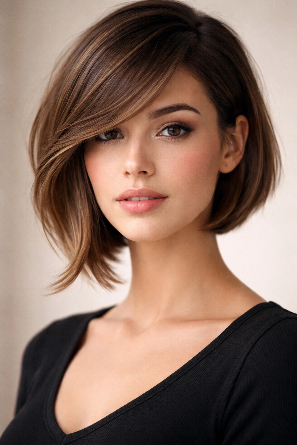 Asymmetrical bob with swoopy bangs showing diagonal line and off-center part