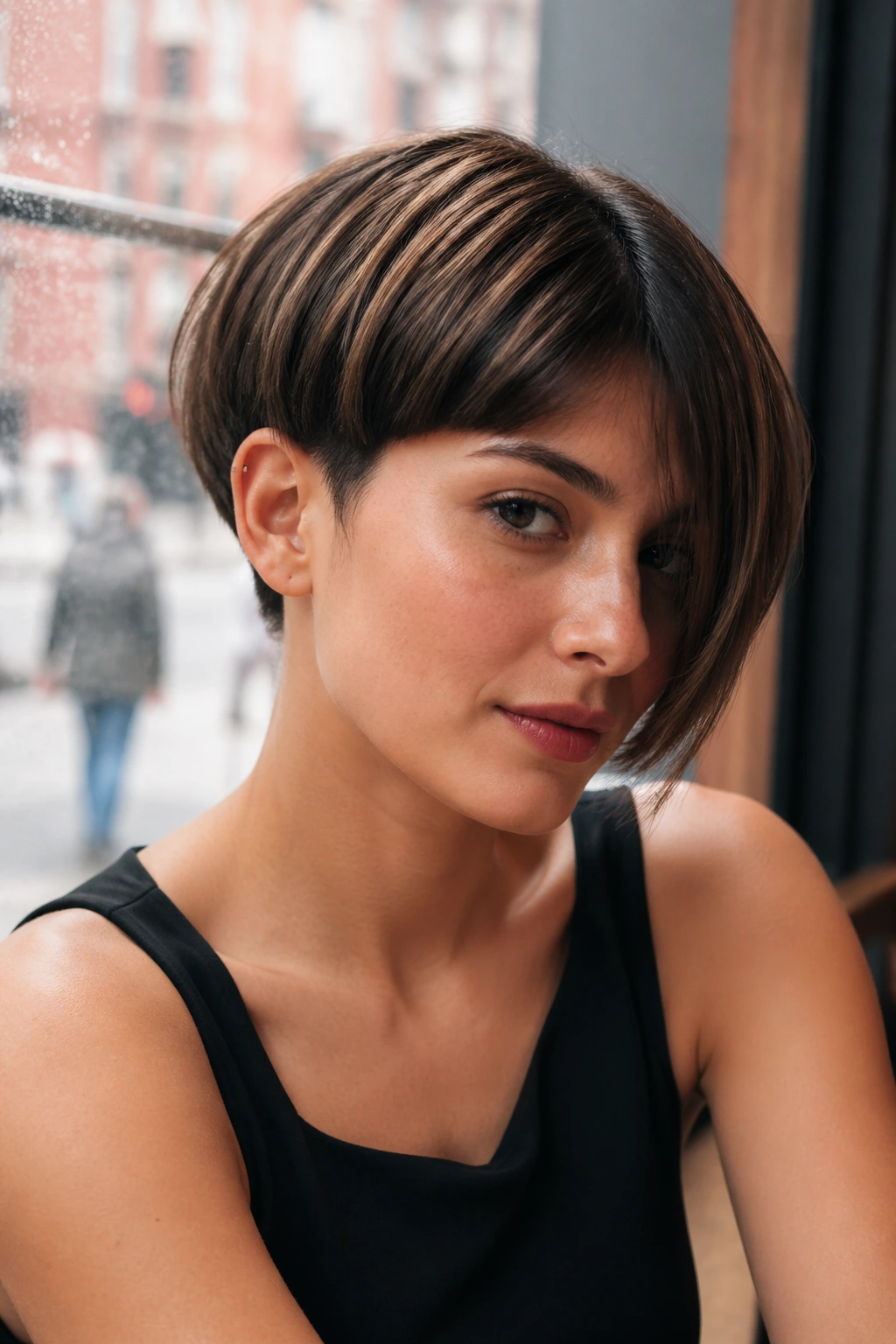 Close-up portrait of a real woman with an asymmetrical bowl bob and side sweep