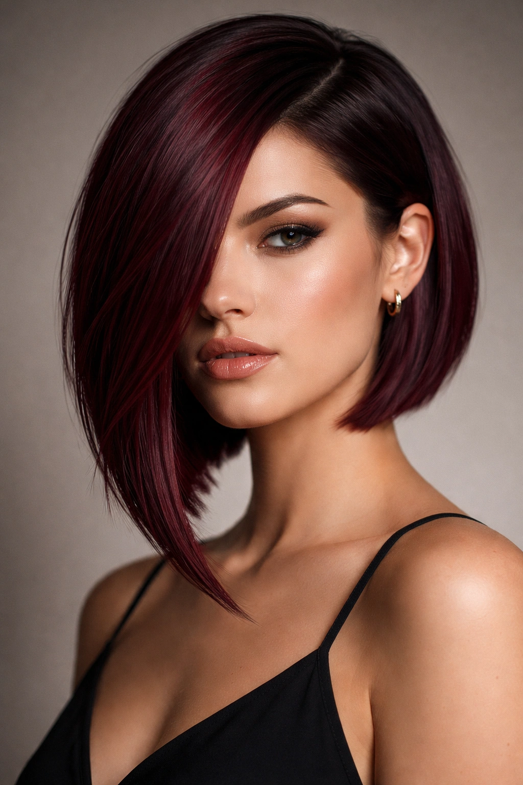 Asymmetrical burgundy bob with long front piece, deep glossy color and sharp silhouette