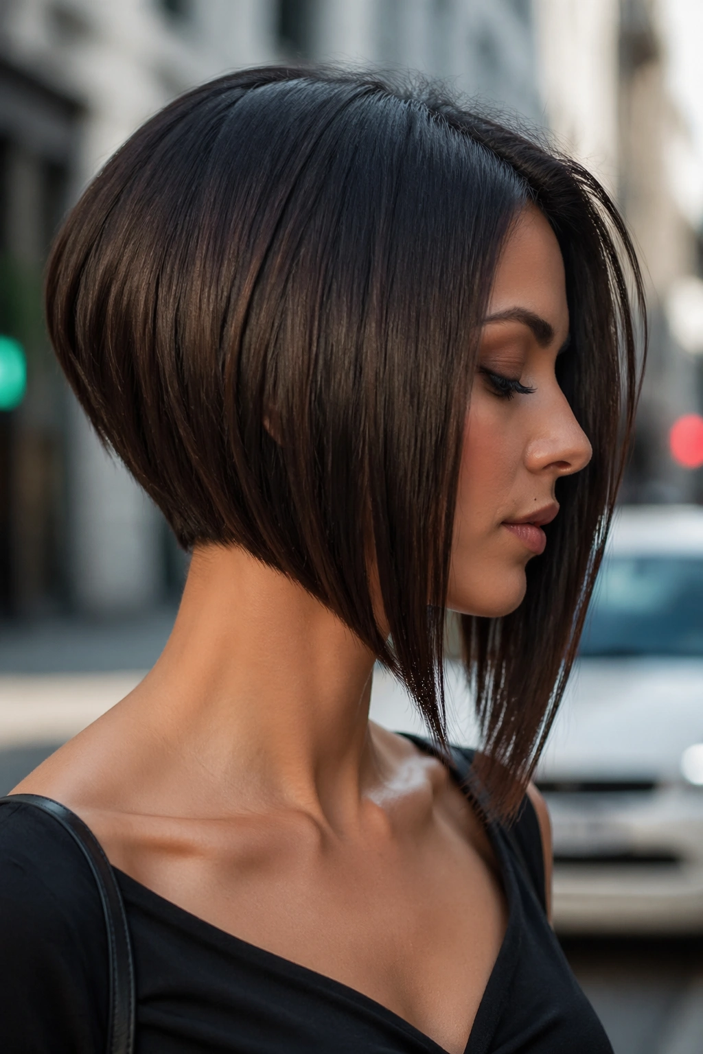 Real woman with asymmetrical concave bob longer front in urban daylight