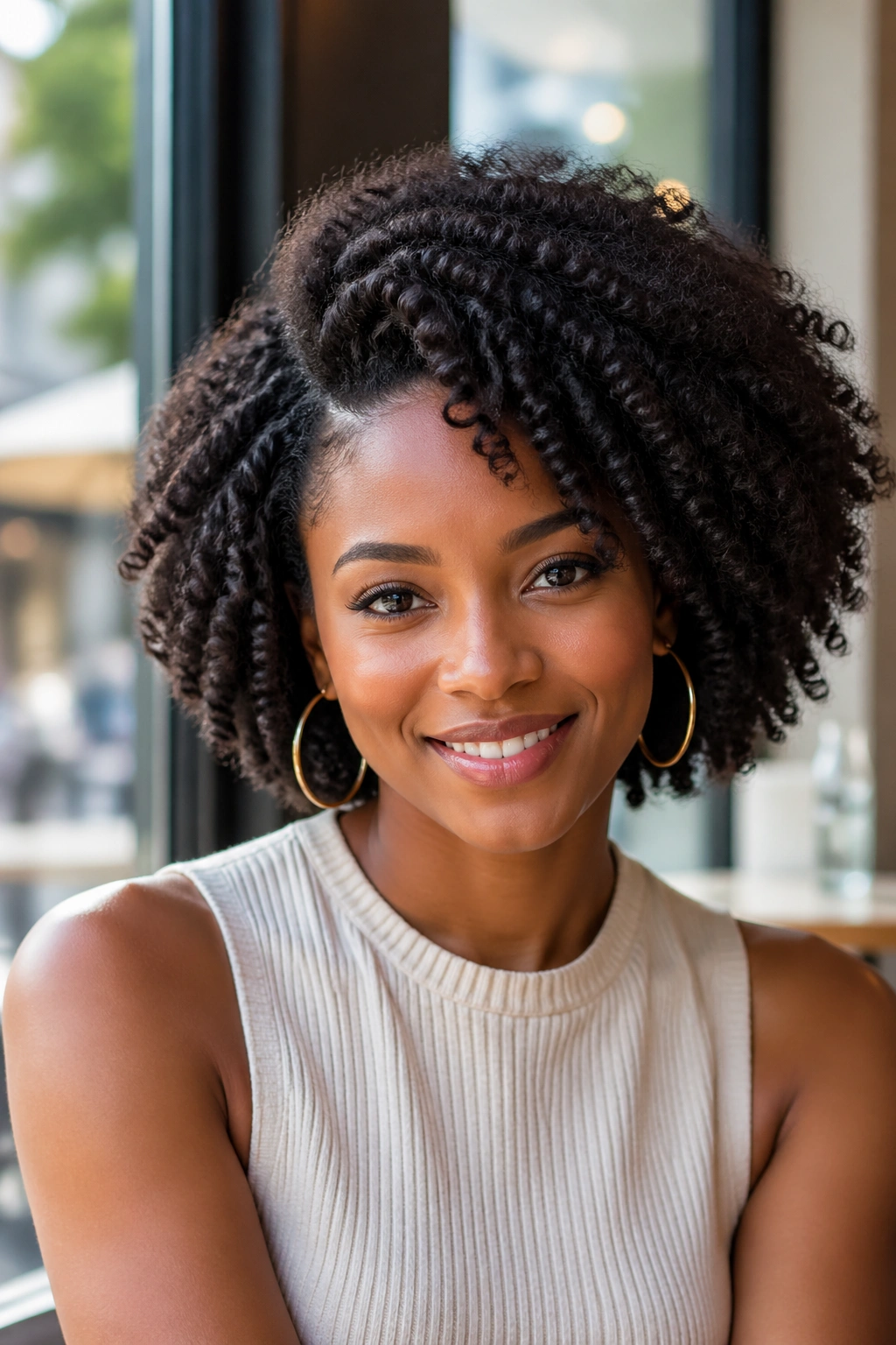 Close-up of real person with asymmetrical crochet afro