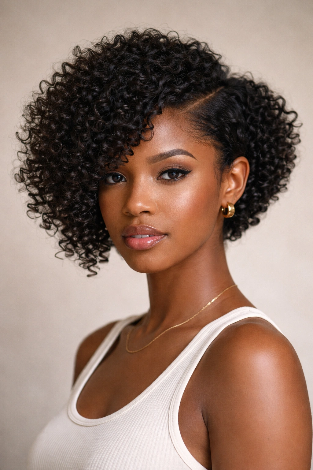 Asymmetrical Curly Cut hairstyle on short Type 4A curls with long side at cheekbone and short side near jaw