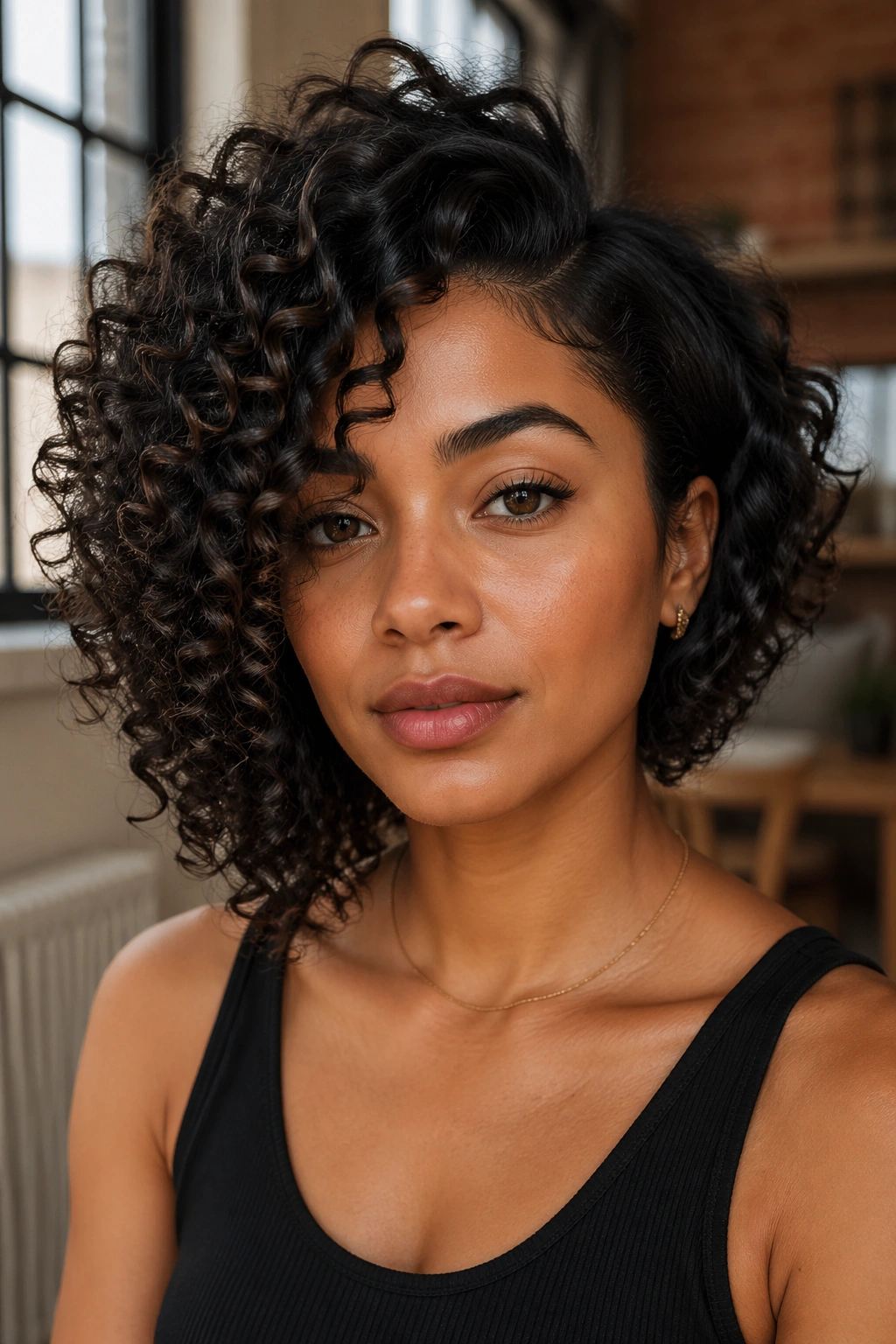 Close-up portrait of a real woman with an asymmetrical curly bob in a warm urban apartment
