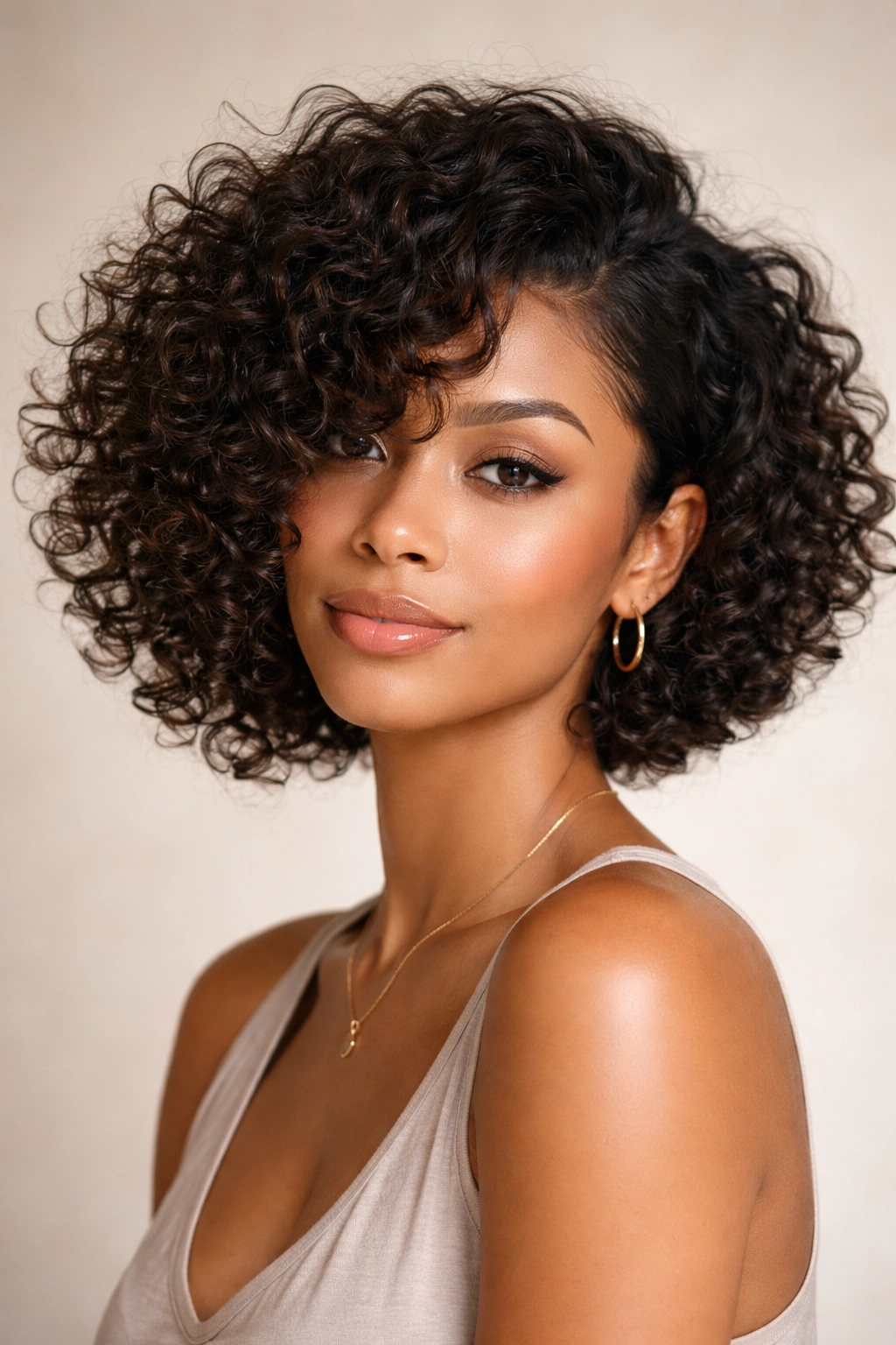 Asymmetrical curly bob with longer side and diagonal line
