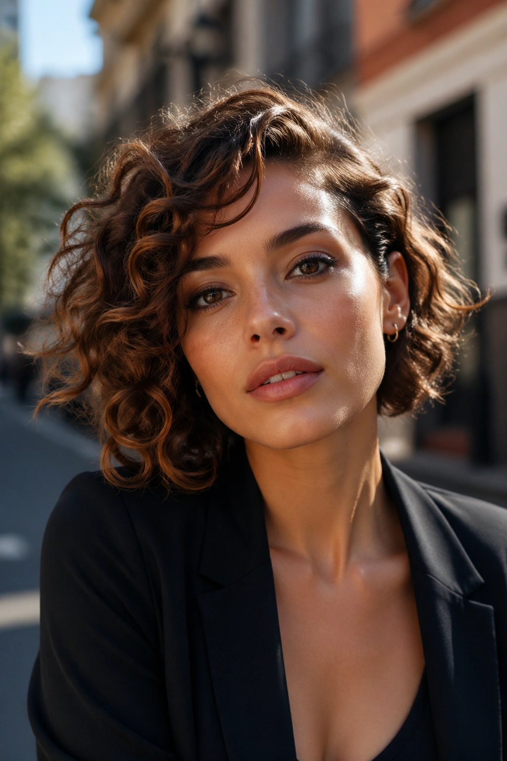 Close-up portrait of a real woman with an asymmetrical curly bob on an urban street.