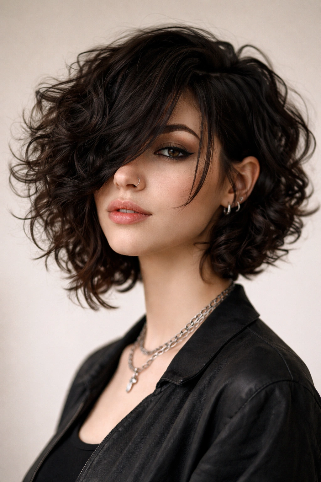 Portrait of asymmetrical curly bob with longer side