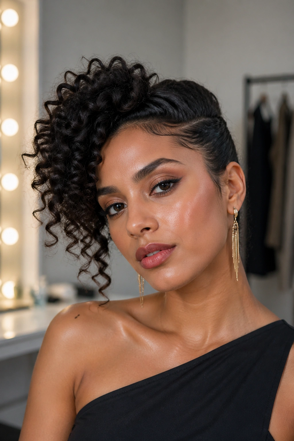 Close-up of a real woman with an asymmetrical curly bun for prom