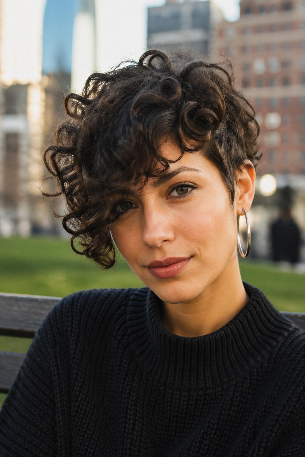 Real person with asymmetrical curly crop and sweeping bangs