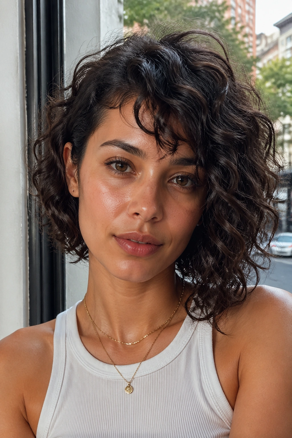 Portrait of a real woman with asymmetrical curly shag and off-center part