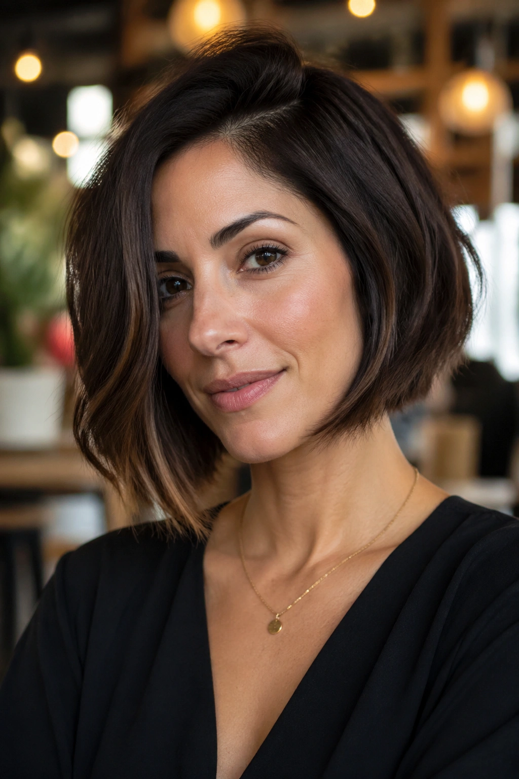 Real woman with a subtle asymmetrical feathered bob.