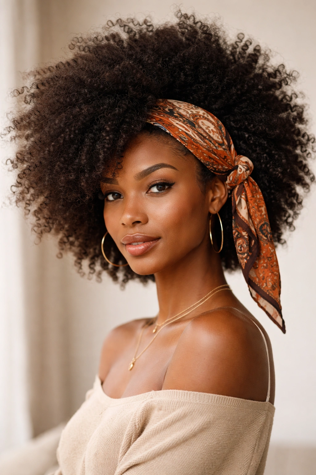 Asymmetrical front tie over a large natural fro with off-center knot