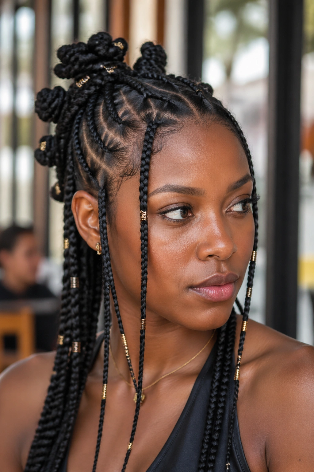 Close-up of a real woman with asymmetrical Fulani braids and off-center knots