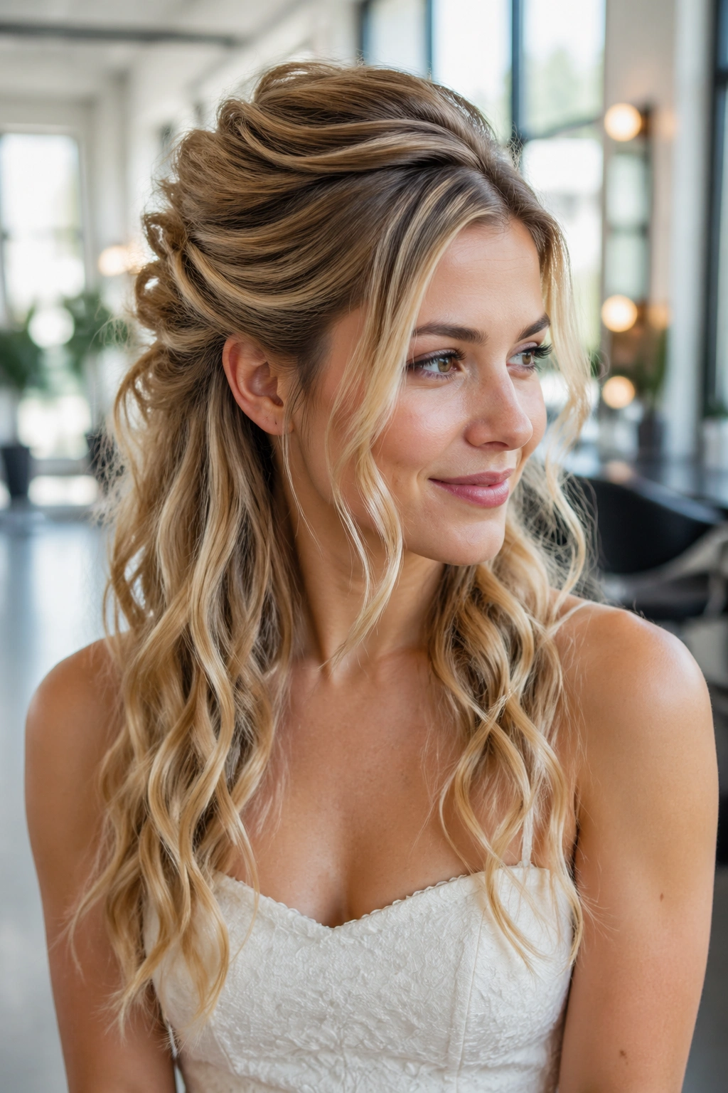 Real person with asymmetrical half-up hairstyle showing varied gather heights and volume.