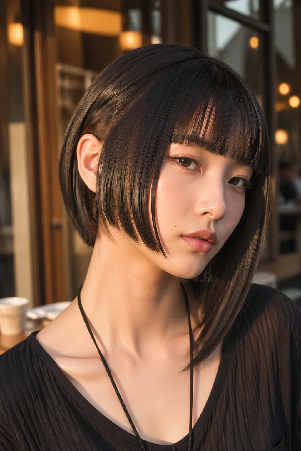 Close-up portrait of a real person with asymmetrical hime cut bob showing a longer side and framed temple pieces in golden-hour light.