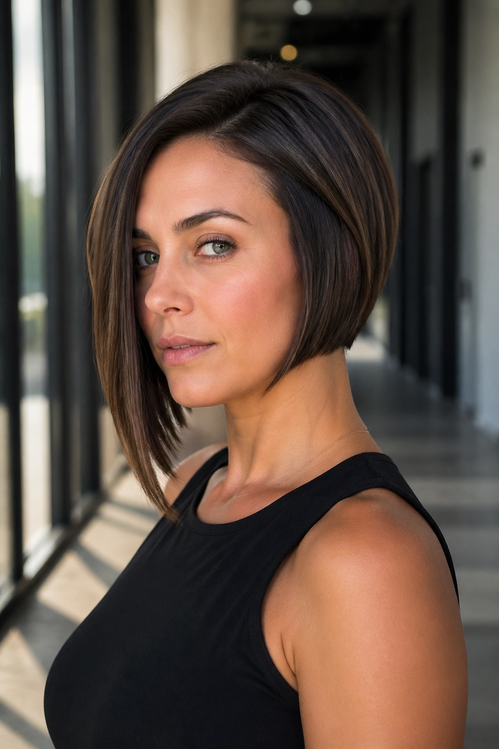 Real woman with asymmetrical inverted bob, one longer side emphasized.