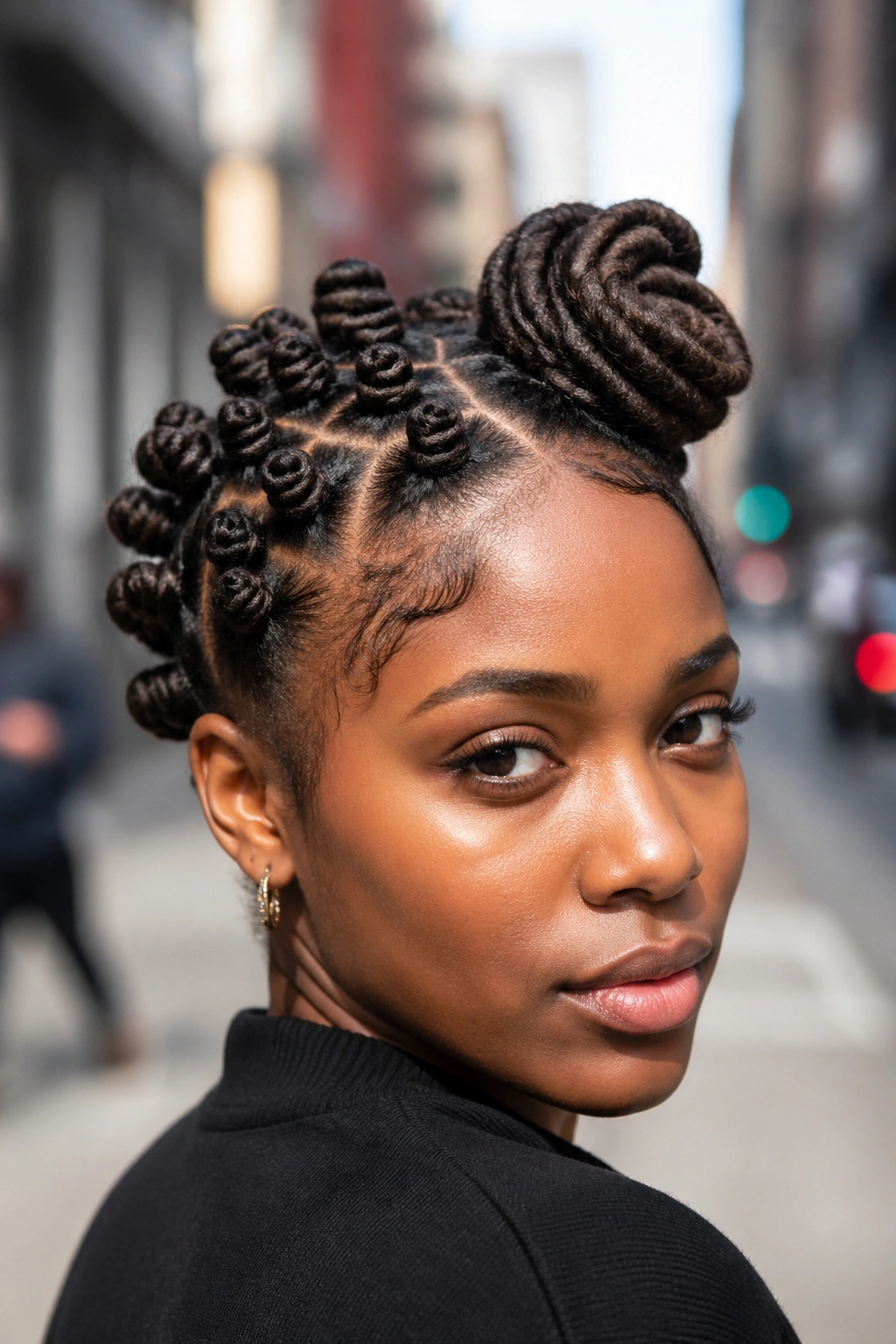 Portrait showing an uneven knot arrangement on locs