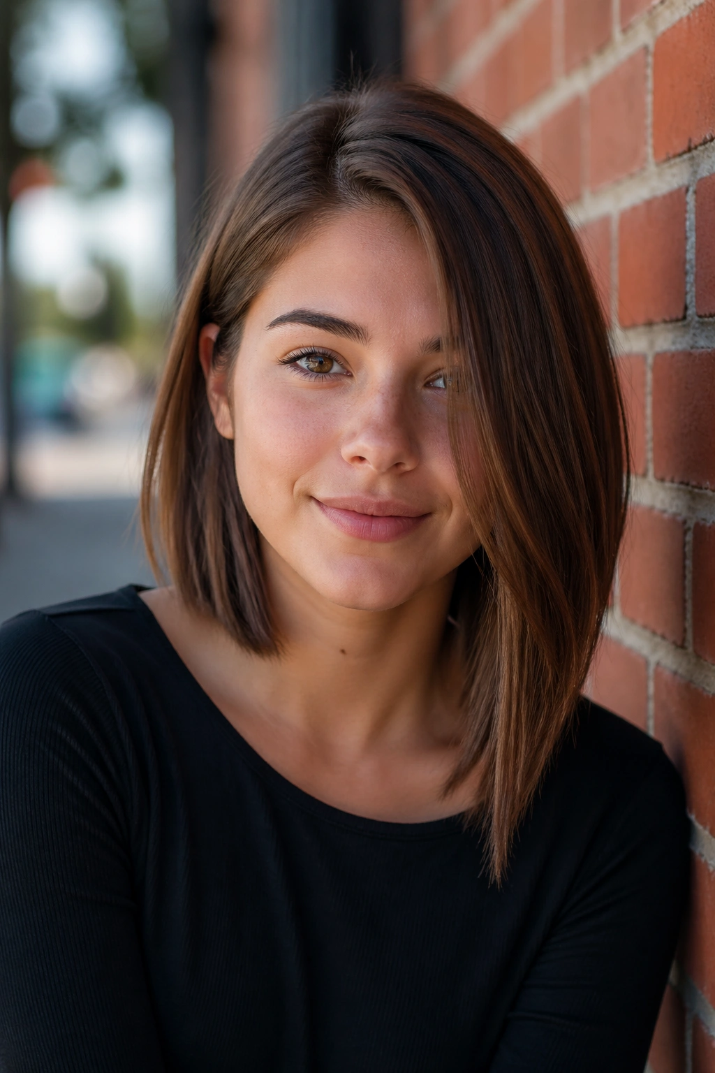 Close-up of Asymmetrical Lob on a real girl with a subtle longer side.